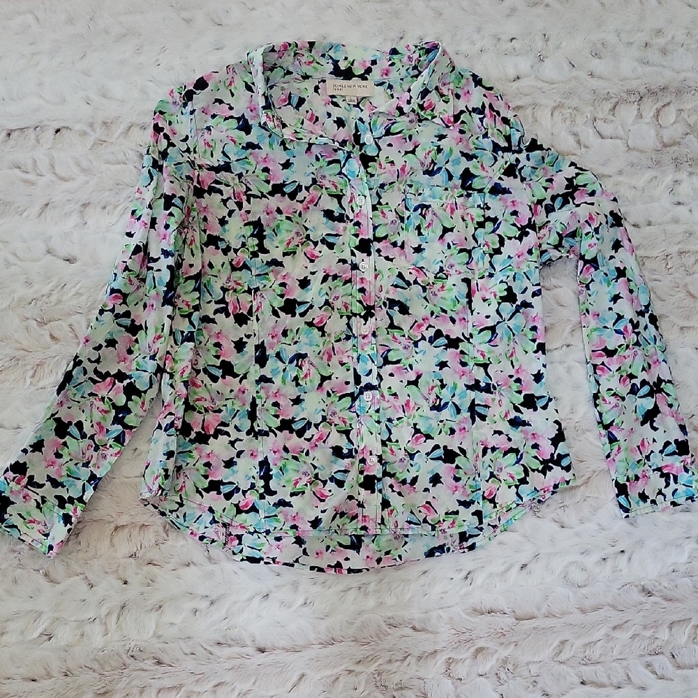 Jones New York Green, Pink, Navy Floral Button Up Cotton Shirt Sz L Cottagecore